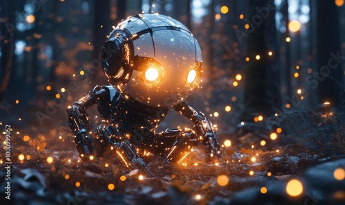 Futuristic Robotic Device in Evening Forest Illuminated by a Glowing Explosion Conceptualizing Innovation and Advanced Technology, Generative AI photo