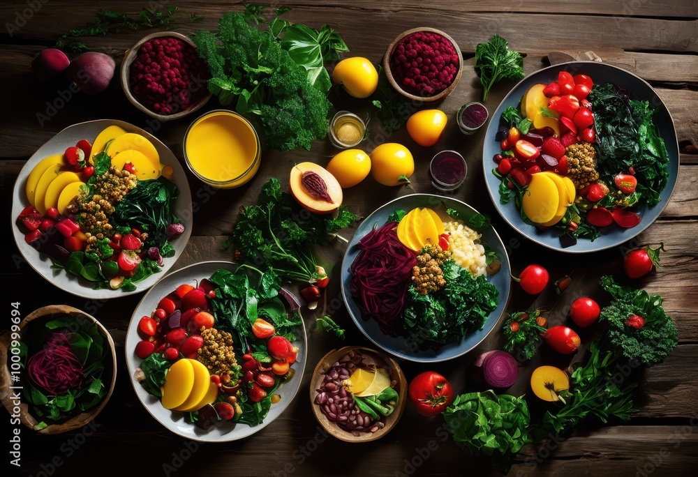 colorful plentiful plant based meal presentations health conscious lifestyles rich nutrients flavorful ingredients, arrangement, vibrant, nutritious colorful plentiful plant based meal presentations health conscious lifestyles rich nutrients flavorful ingredients, arrangement, vibrant, nutritious