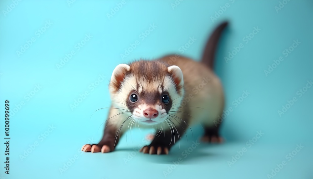 Adorable Ferret Portrait on a Blue Background: Cute Pet Photography Adorable Ferret Portrait on a Blue Background: Cute Pet Photography