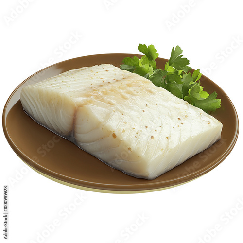 A delicious piece of fresh fish served on a brown plate with a garnish of green herbs, ideal for healthy meal preparations or seafood dishes. photo