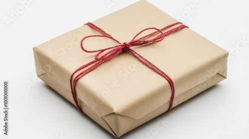 A simple yet festive New Year gift wrapped in brown kraft paper with red twine, isolated on a white background.