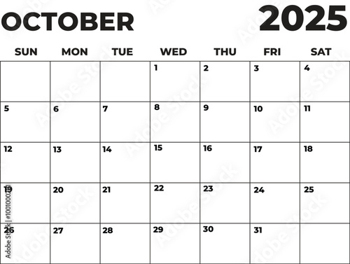 Monthly Planner October 2025, Minimalist Black and White Calendar, Sunday Start Printable Calendar, Plain calendar, Dated Monthly Planner, Simple Monthly Organizer, Landscape Monthly Planner