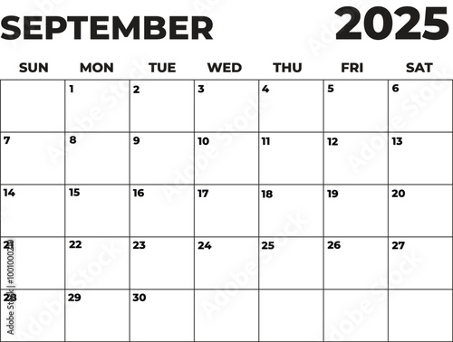 Monthly Planner September 2025, Minimalist Black and White Calendar, Sunday Start Printable Calendar, Plain calendar, Dated Monthly Planner, Simple Monthly Organizer, Landscape Monthly Planner
