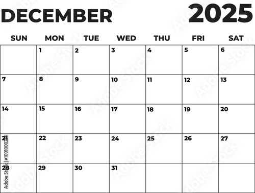 Monthly Planner December 2025, Minimalist Black and White Calendar, Sunday Start Printable Calendar, Plain calendar, Dated Monthly Planner, Simple Monthly Organizer, Landscape Monthly Planner