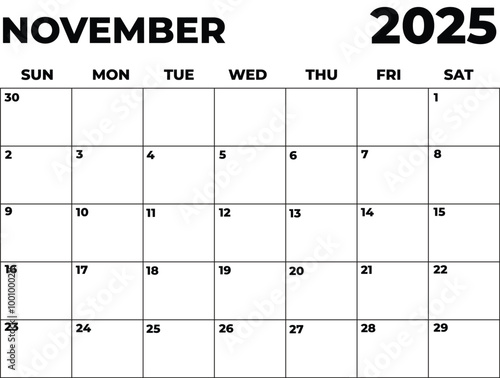 Monthly Planner November 2025, Minimalist Black and White Calendar, Sunday Start Printable Calendar, Plain calendar, Dated Monthly Planner, Simple Monthly Organizer, Landscape Monthly Planner