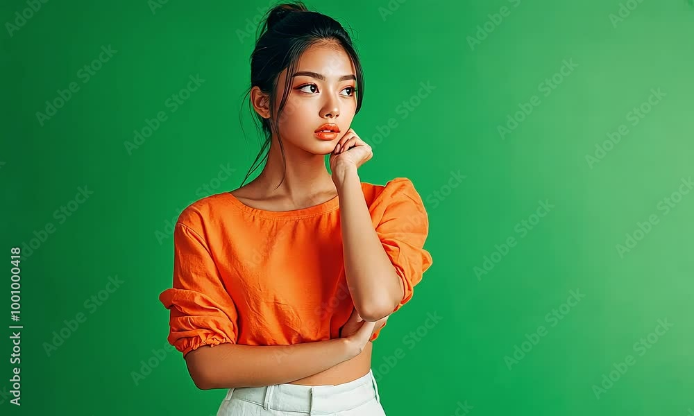Woman in orange shirt posing with thoughtful expression green screen background with ai generated.
Woman in orange shirt posing with thoughtful expression green screen background with ai generated.