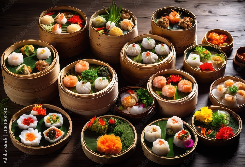 vibrant array colorful dim sum dishes displayed bamboo steamer various tasty fillings intricate garnishes, dumpling, food, platter, buffet, assortment vibrant array colorful dim sum dishes displayed bamboo steamer various tasty fillings intricate garnishes, dumpling, food, platter, buffet, assortment