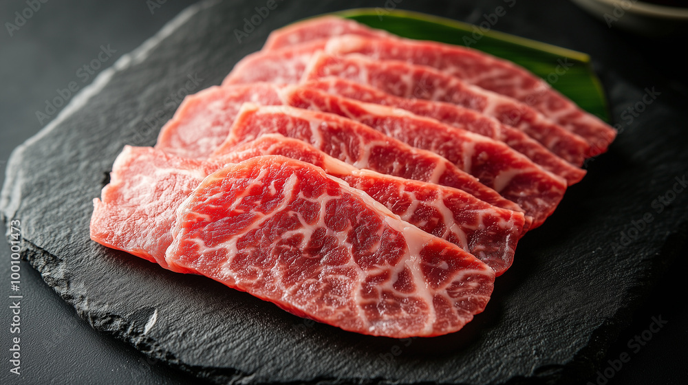 Thick slices of raw red meat with marbled fat, neatly arranged on a black stone plate Thick slices of raw red meat with marbled fat, neatly arranged on a black stone plate
