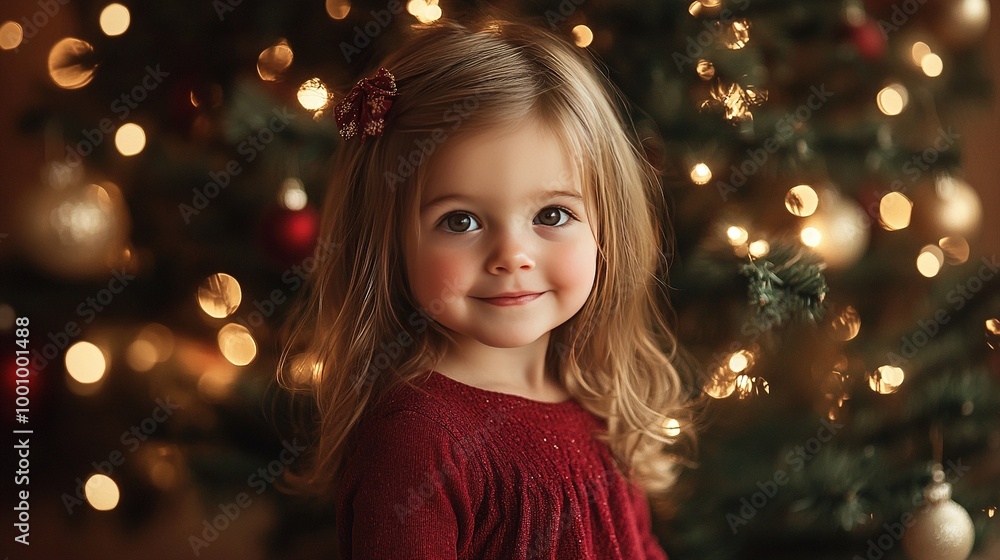 Cute little girl standing by a Christmas tree Cute little girl standing by a Christmas tree