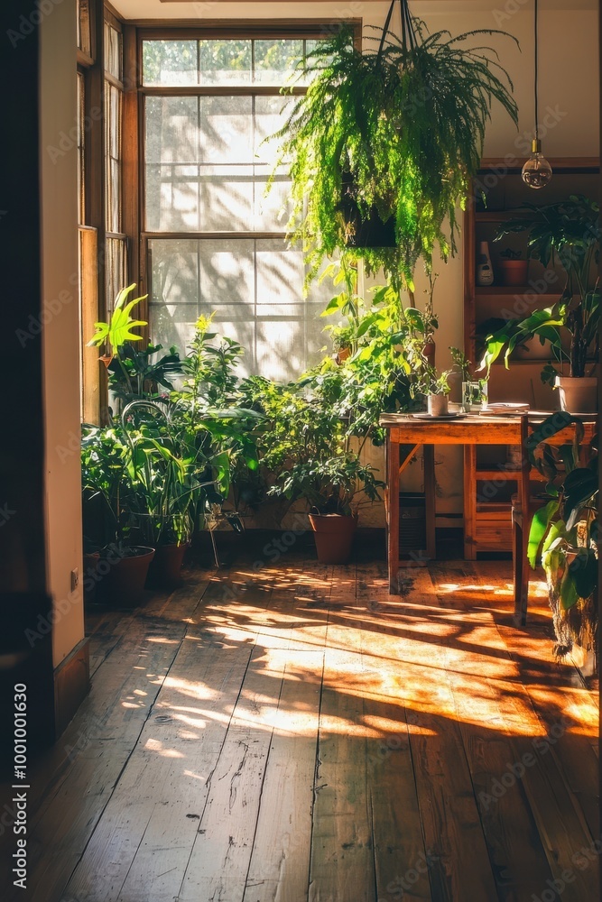 Obraz premium Cozy Sunlit Room with Abundant Indoor Plants and Wooden Furniture in a Modern Home