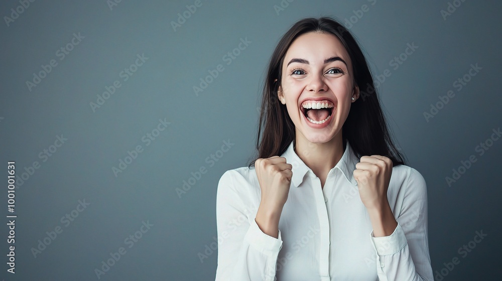 Happy Woman Celebrating Success with Joyful Expression Happy Woman Celebrating Success with Joyful Expression