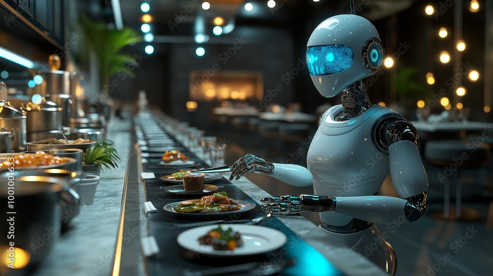 Futuristic Robot Serving in High-Tech Restaurant Futuristic Robot Serving in High-Tech Restaurant