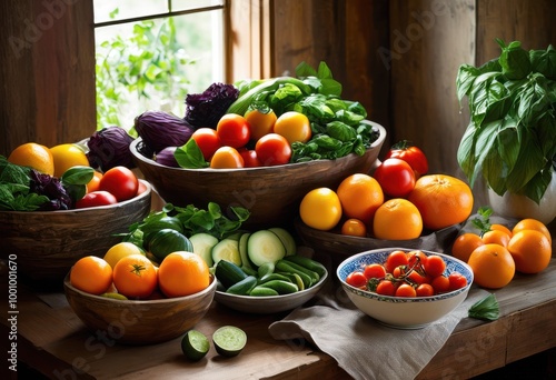 vibrant colorful bowls overflowing fresh organic produce displaying rich array fruits vegetables, harvest, variety, healthy, nutrition, greens, red, orange photo