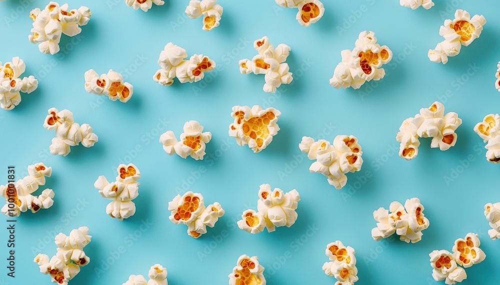 Popcorn Pattern on Blue Background Movie Snack Cinema Food Fluffy White Kernels Popcorn Pattern on Blue Background Movie Snack Cinema Food Fluffy White Kernels