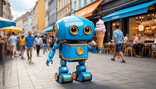 Cute Colorful Robot Enjoying Ice Cream in a Busy City