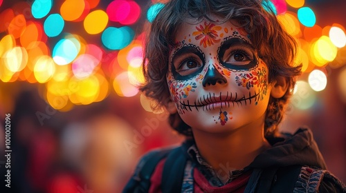 Boy with face painted like the Day of the Dead, Mexican carnival concept with colorful lights and blurred background, space for text 