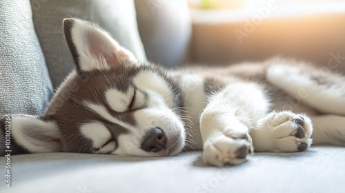 Cute Husky dog ​​sleeping on sofa in apartment on sunny day