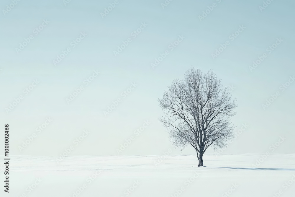 A Single Bare Tree Stands Tall in a Snowy Field A Single Bare Tree Stands Tall in a Snowy Field