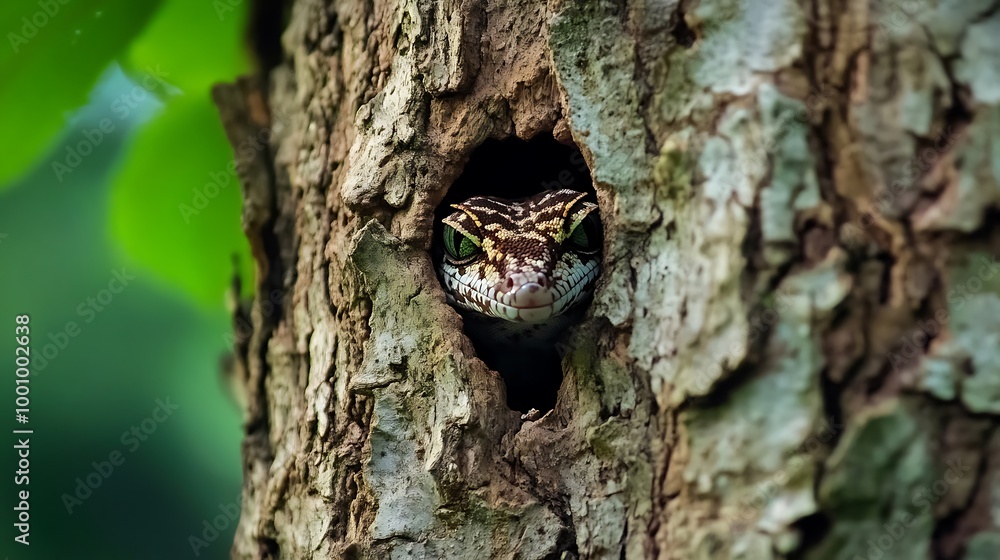 Fototapeta premium Lizard Peeking from Tree Trunk Hole in Forest