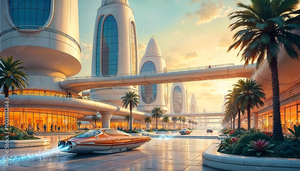 Naklejka premium Retro-Futuristic Plaza with Skybridge and Hovering Vehicles in a Sleek Urban Setting