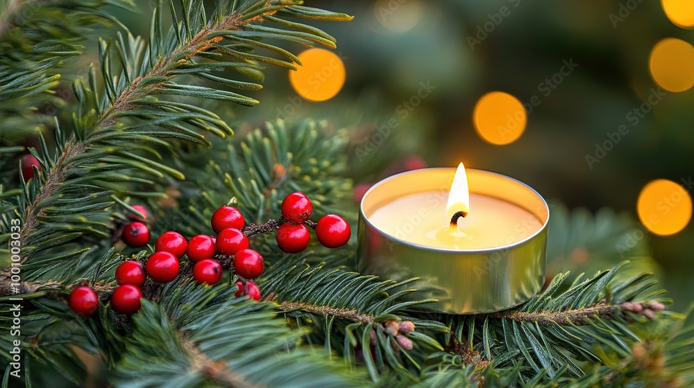 Candle nestled in a spruce tree with berries, close-up view Candle nestled in a spruce tree with berries, close-up view