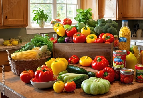 colorful display fresh donations pantry items featuring variety canned non perishable essentials community needs, fruits, vegetables, packaging, freshness photo