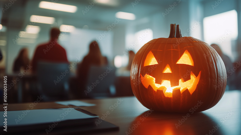 A jack-o-lantern pumpkin stands on a table in the office workroom where a meeting of colleagues is taking place A jack-o-lantern pumpkin stands on a table in the office workroom where a meeting of colleagues is taking place
