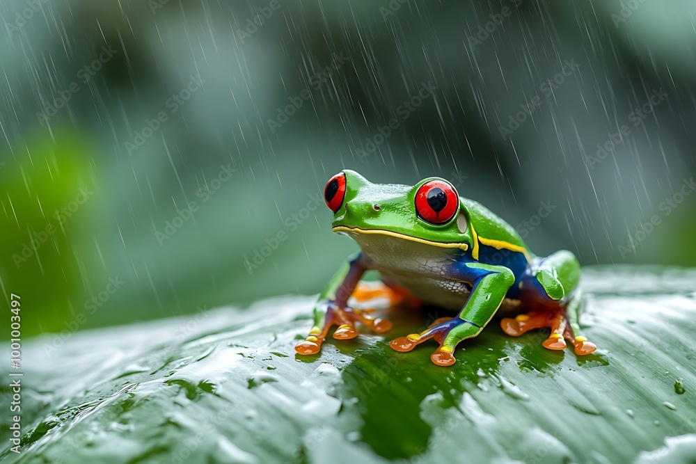 Naklejka premium Frog perched on leaf during tropical rainfall