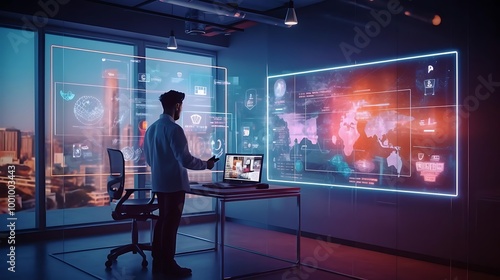 A professional analyzing data in a modern office with digital displays.