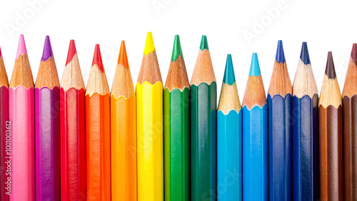 Colored pencils in a row isolated on white background