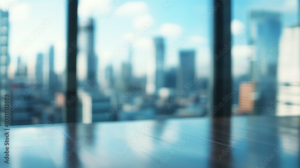Beautiful blurred background of modern office interior with panoramic windows and city view Beautiful blurred background of modern office interior with panoramic windows and city view