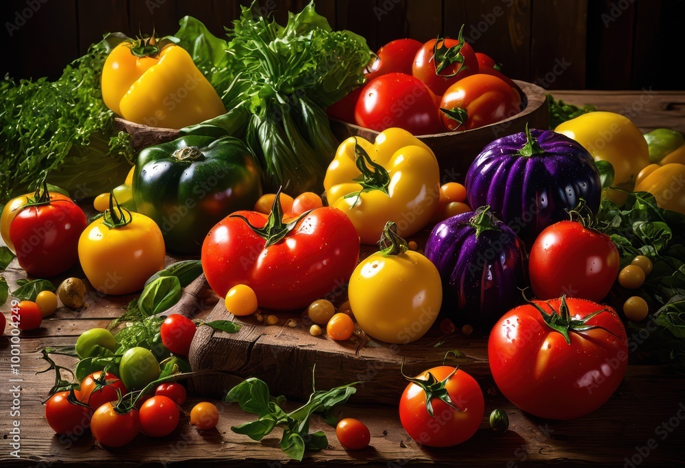 vibrant fresh produce assembled artfully rustic wooden table top farmhouse display culinary inspiration, abundance, arrangement, atmosphere, backdrop vibrant fresh produce assembled artfully rustic wooden table top farmhouse display culinary inspiration, abundance, arrangement, atmosphere, backdrop