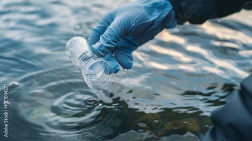 A person is holding a plastic cup in their hand and dipping it into the water