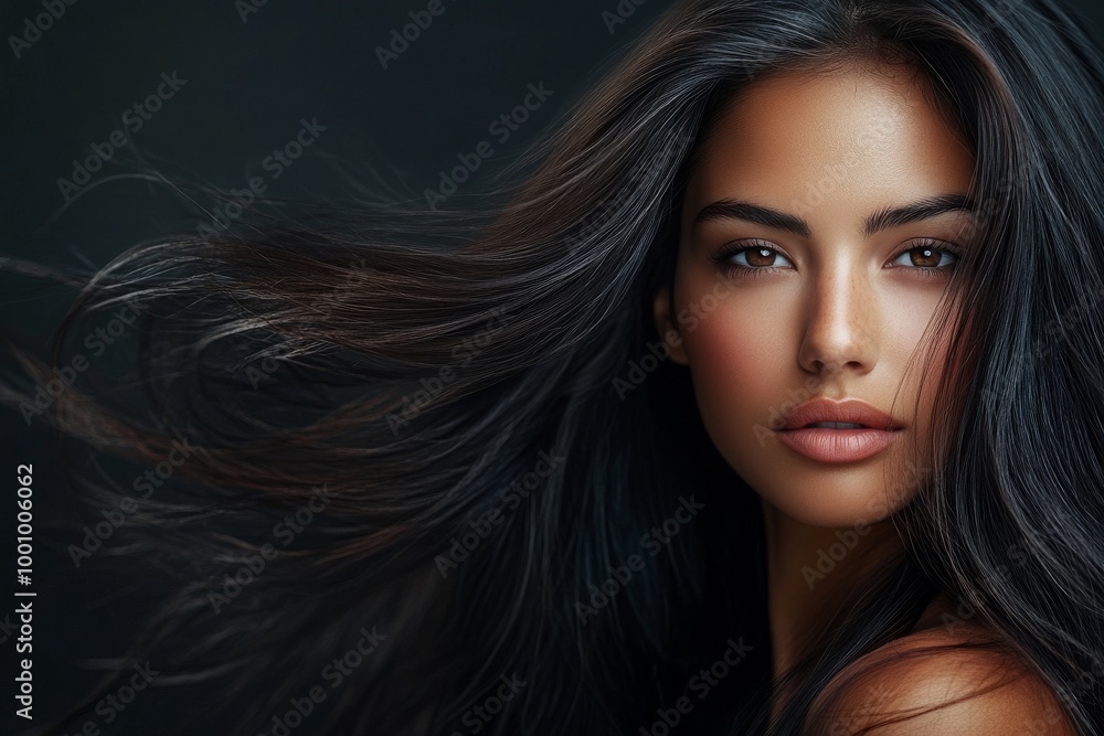 Glamorous Brunette Woman with Flowing Long Hair Against a Dark Background Glamorous Brunette Woman with Flowing Long Hair Against a Dark Background