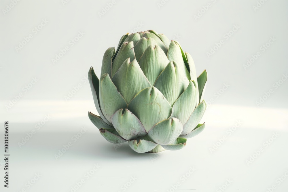 Fototapeta premium A beautiful artichoke stands alone against a soft background. Its green petals are tightly closed. This still life evokes freshness and healthy living. Generative AI