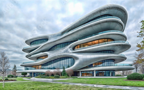 Neofuturist Building with Flowing Design on a Cloudy Day photo