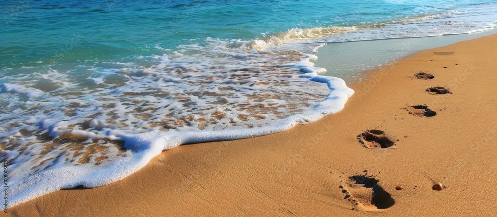 Obraz premium Footprints On A Empty Sandy Beach Small Waves Approaching
