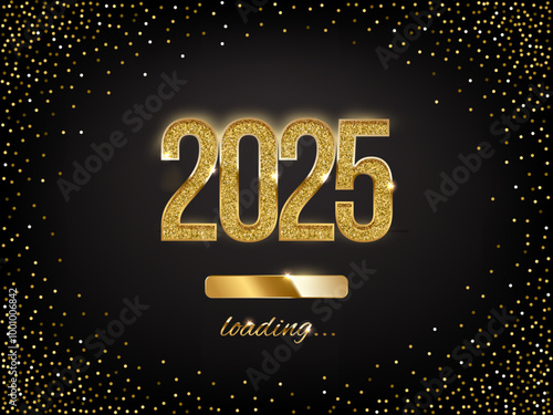 2025 New Year golden loading bar vector illustration. Year progress with lettering. Party countdown, download screen. Invitation card, banner. Event, holiday expectation. Sparkling glitter background.