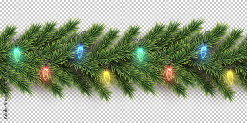 Christmas tree garland with red, blue, green, yellow lights on transparent background. Merry Xmas decorative fir branch. New year traditional banner. Realistic vector seamless illustration.