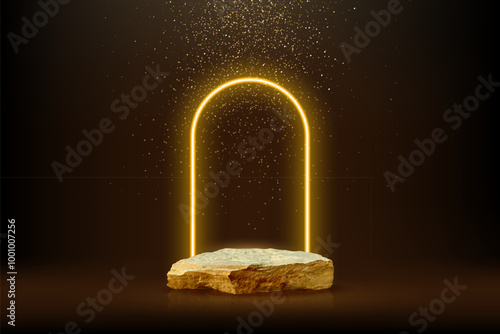 Gold stone award podium vector illustration. Abstract empty 3d golden rock stage with neon glowing arc frame on black background. Luxury product presentation, beauty industry design.