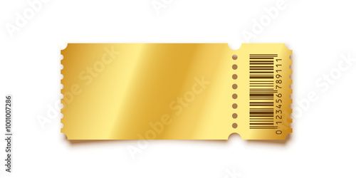 Golden ticket. Gold vector coupon, sticker or discount tag mockup isolated on white background. Cinema, theater, concert, party, event, festival invitation entrance.
