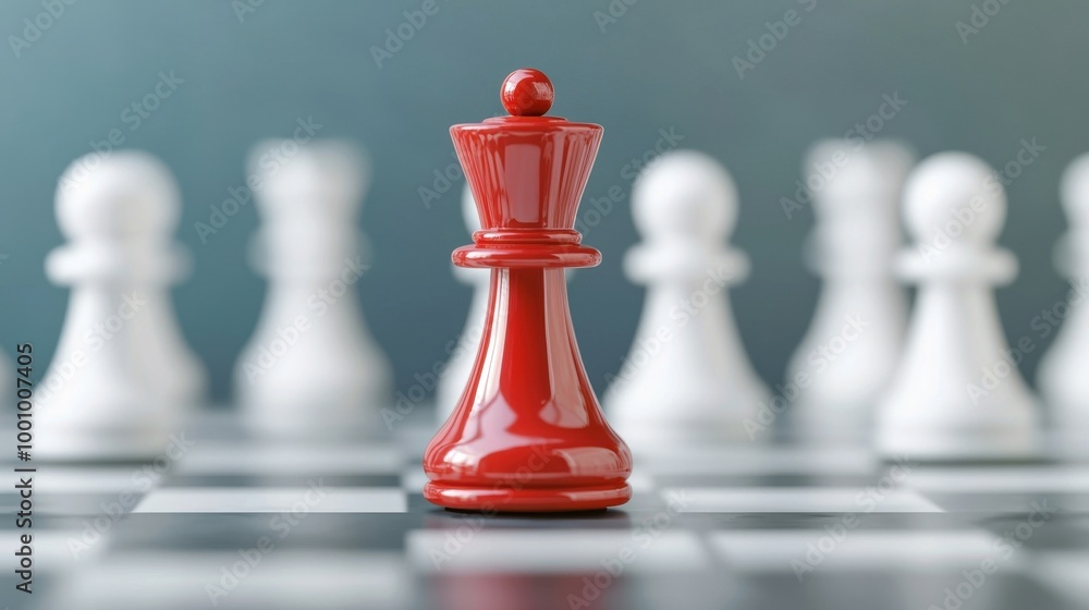 Red Chess Queen Standing Out From White Pawns on Board Red Chess Queen Standing Out From White Pawns on Board