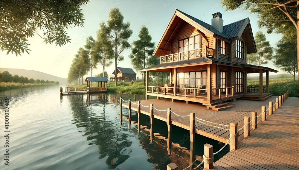 Fototapeta premium A cozy wooden house with a wide terrace overlooking a peaceful lake