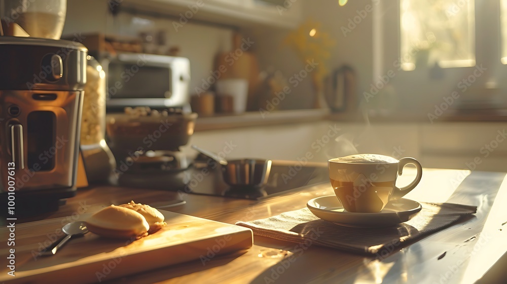 A modern pot of coffee and a cozy cappuccino mug on a cooking desk A modern pot of coffee and a cozy cappuccino mug on a cooking desk