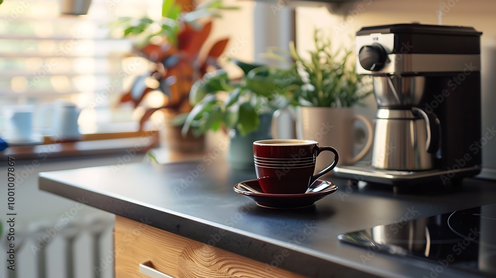 Obraz premium A modern pot of coffee and a cozy cappuccino mug on a cooking desk