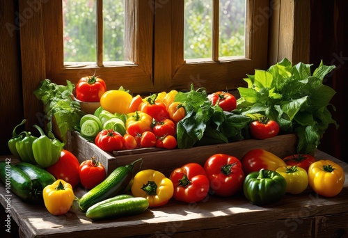 vibrant array fresh produce illuminated natural light inviting manner, basket, fruits, vegetables, green, red, yellow, orange, colorful, bright, healthy