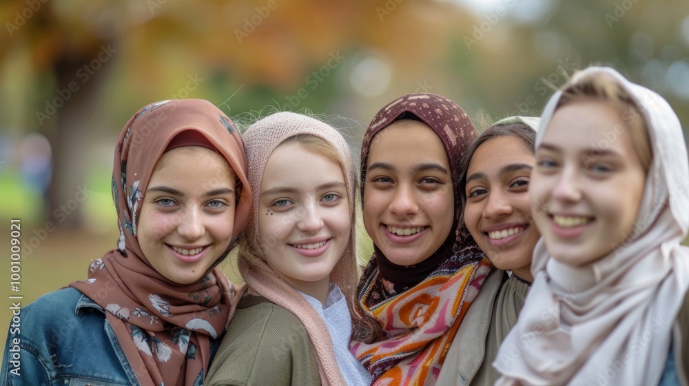 Smiling young women from various ethnic backgrounds, standing closely together Smiling young women from various ethnic backgrounds, standing closely together