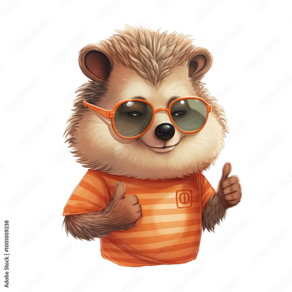 Obraz premium A cute hedgehog wearing sunglasses and a striped shirt gives a thumbs up., transparent, png