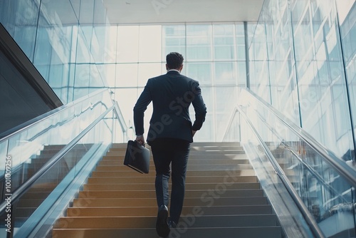 Business Professional Ascending Modern Stairs in Corporate Building During Daytime Commute