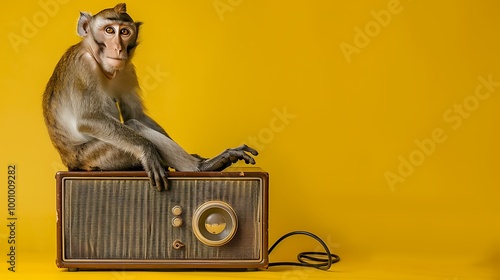 A monkey sit on a radio on a yellow backdrop